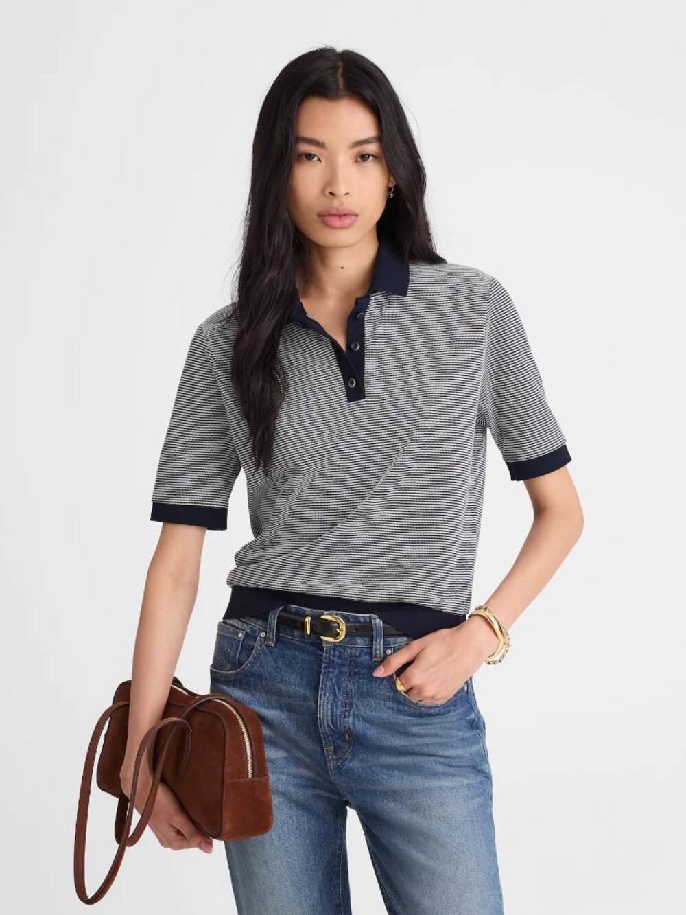 Madewell Navy Striped Shrunken Polo Tee Large NWT